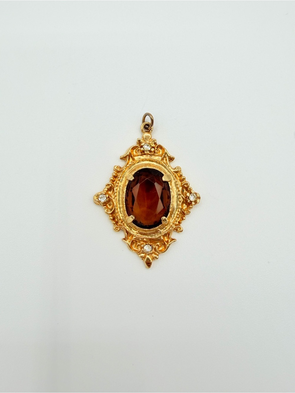 Vintage Victorian Revival Amber Glass Rhinestone Gold Tone Pendant - Picture 3 of 9